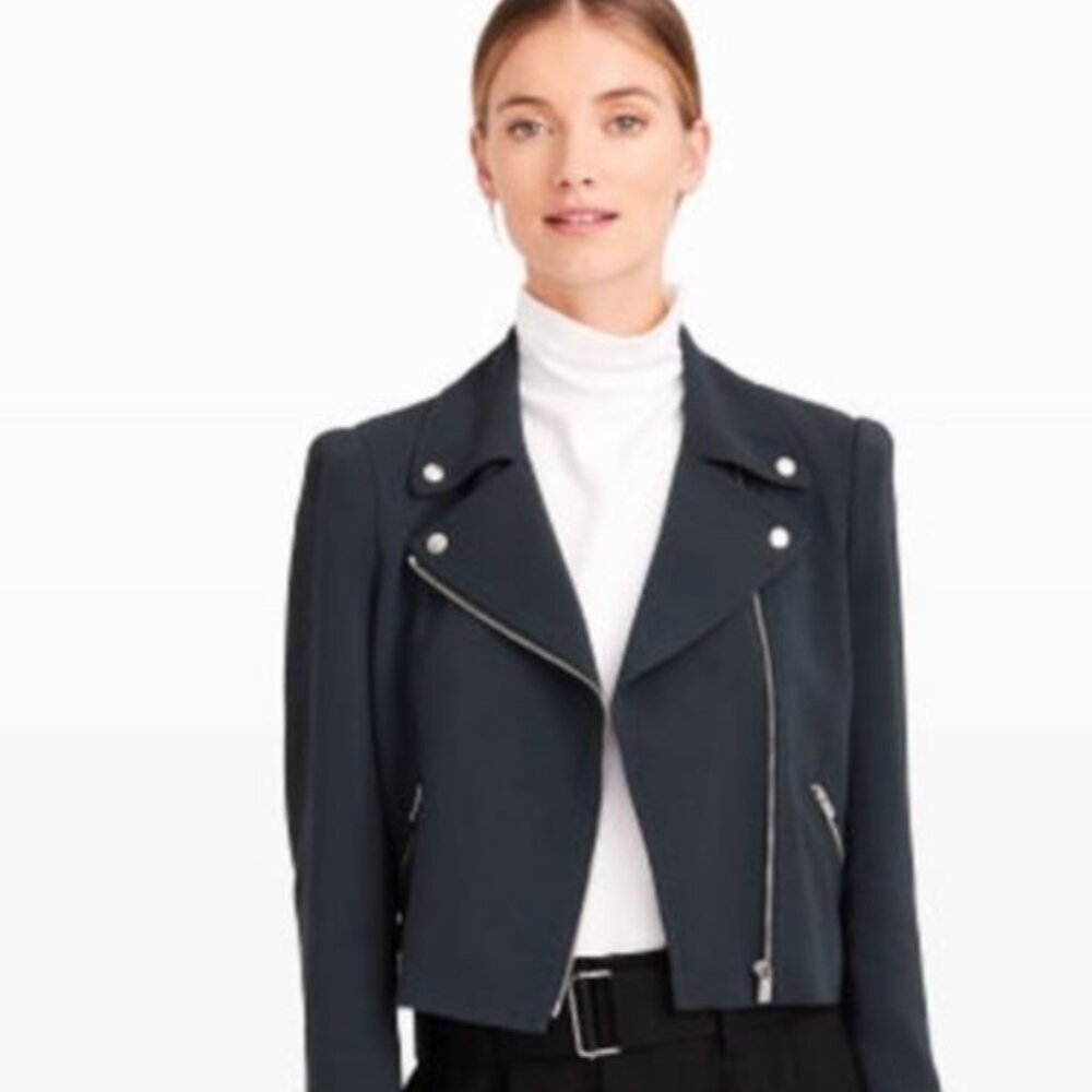 Club Monaco Ramona Moto Blue Twill Cropped Asymmetrical Zip Up Jacket XS